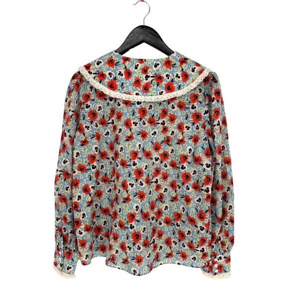 Rixo Misha Floral Print Cotton Blouse Blue Multicolor Peter Pan Collar Small - Picture 5 of 12